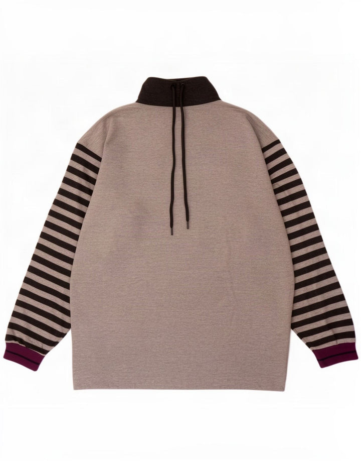 Vintage Mens Graphic Zip Neck Sweatshirt Jumper Large Grey Striped