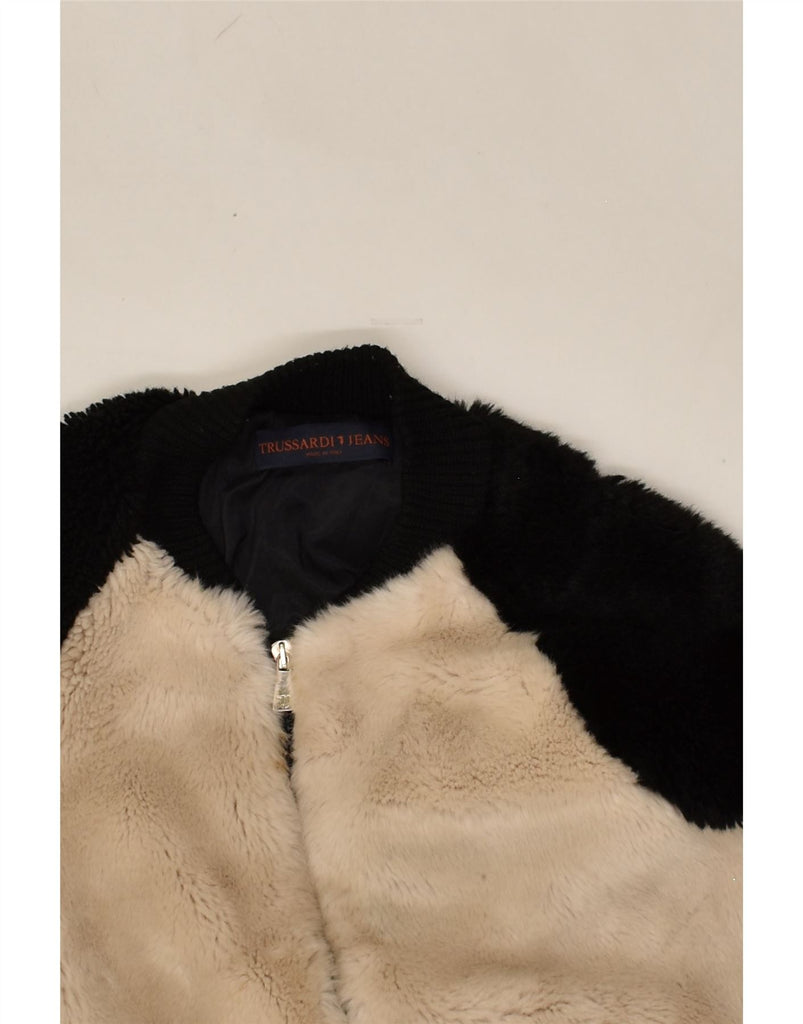 TRUSSARDI Girls Faux Fur Bomber Jacket 13-14 Years Beige Colourblock | Vintage Trussardi | Thrift | Second-Hand Trussardi | Used Clothing | Messina Hembry 