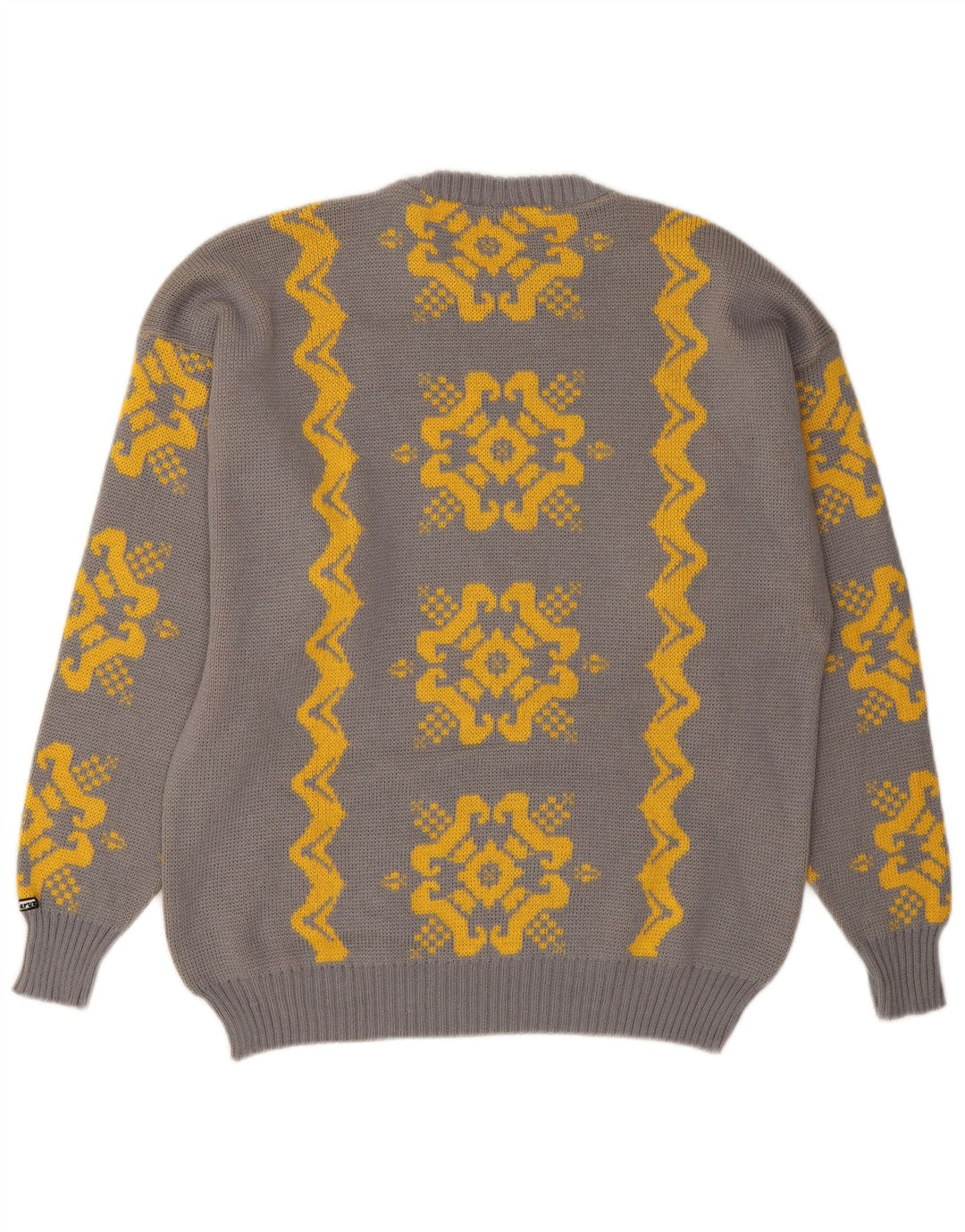 VINTAGE Mens Crew Neck Jumper Sweater Medium Grey Fair Isle Wool