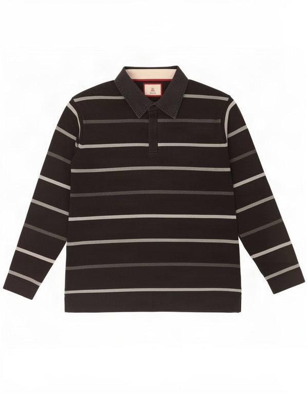 Marks & Spencer Mens Long Sleeve Polo Shirt Medium Black Striped Cotton
