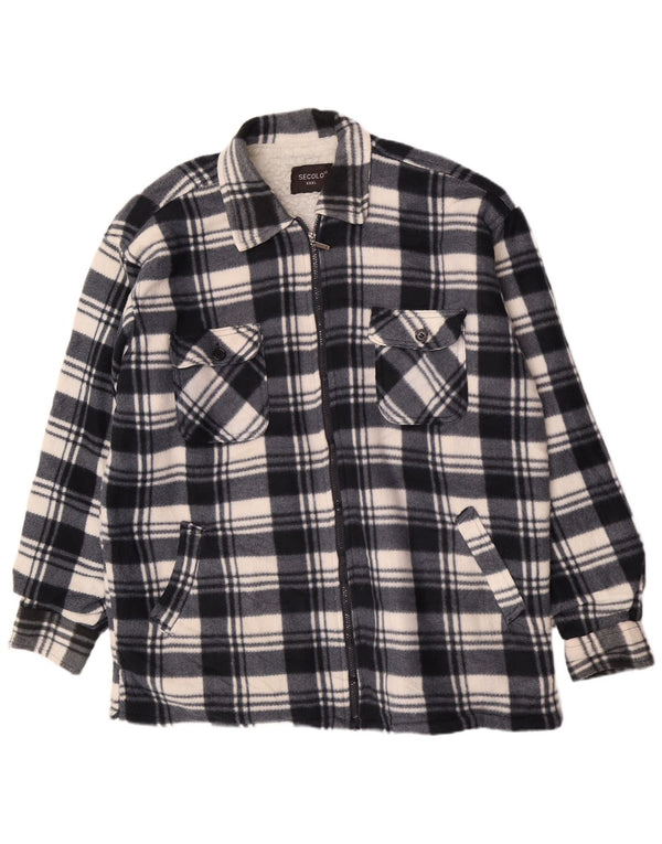 Vintage Mens Sherpa Flannel Utility Jacket UK 46 3XL Navy Blue Plaid Cotton