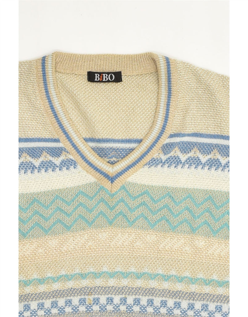 VINTAGE Mens V-Neck Jumper Sweater IT 52 Large Beige Striped | Vintage Vintage | Thrift | Second-Hand Vintage | Used Clothing | Messina Hembry 