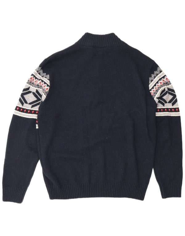 PULSE Mens Zip Neck Jumper Sweater XL Navy Blue Fair Isle Acrylic