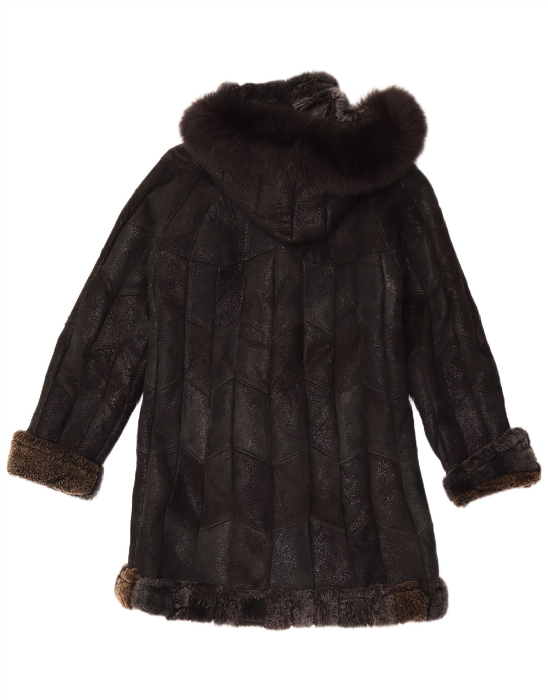 Vintage Womens Hooded Sherpa Leather Coat UK 12 Medium Black