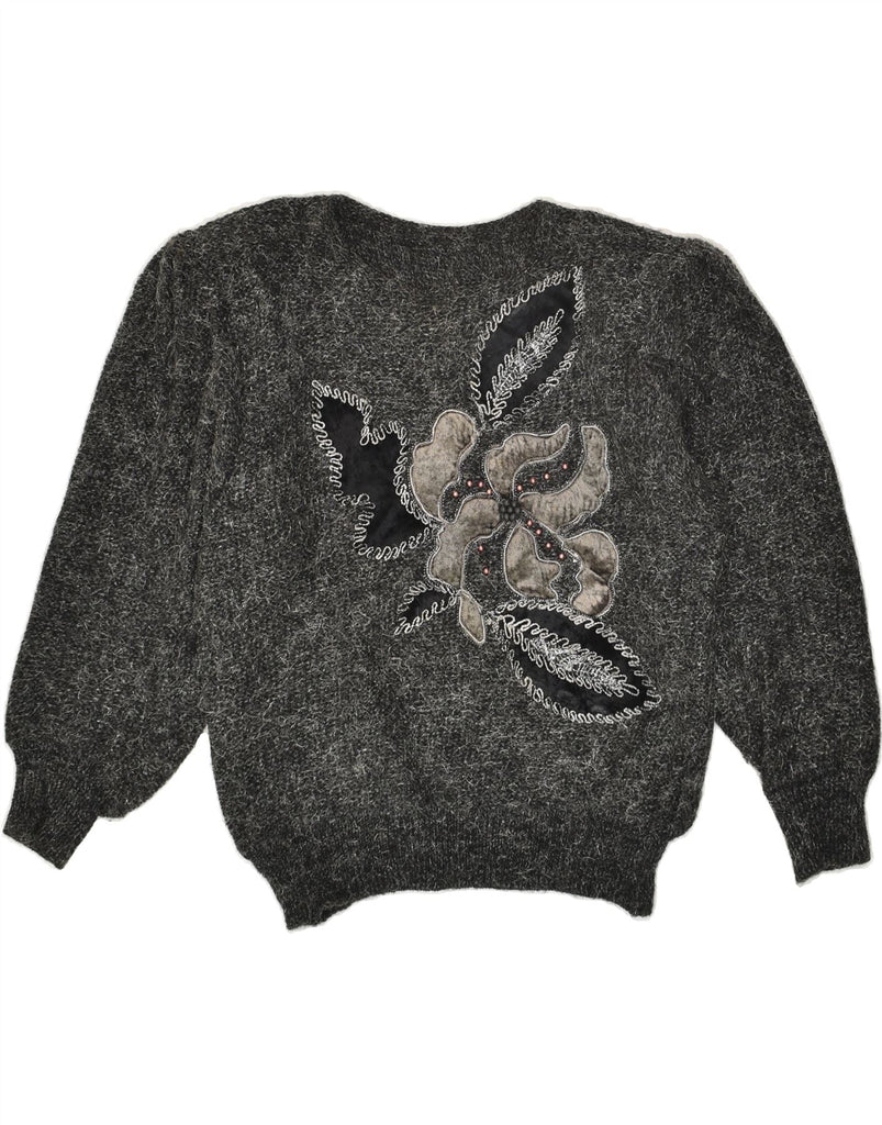 VINTAGE Womens Crew Neck Jumper Sweater UK 14 Large Grey Floral | Vintage Vintage | Thrift | Second-Hand Vintage | Used Clothing | Messina Hembry 