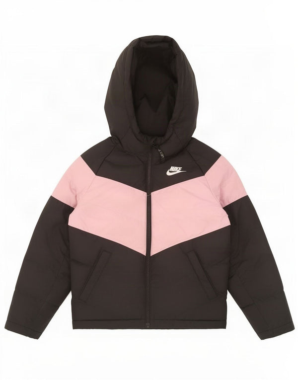 Nike Girls Hooded Padded Jacket 8-9 Years Small Black Colourblock Polyester