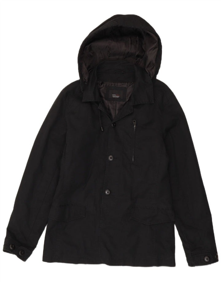 Zara Mens Hooded Parka Jacket UK 38 Medium Black Cotton