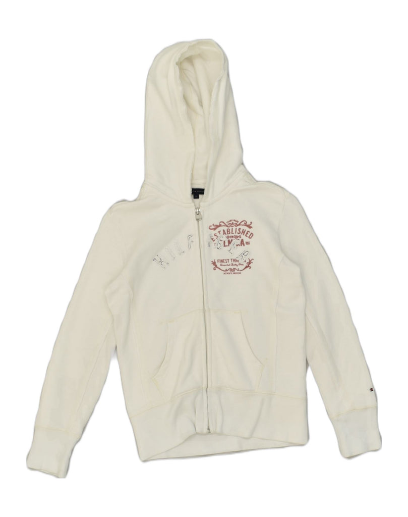 TOMMY HILFIGER Girls Graphic Zip Hoodie Sweater 9-10 Years White Cotton | Vintage Tommy Hilfiger | Thrift | Second-Hand Tommy Hilfiger | Used Clothing | Messina Hembry 