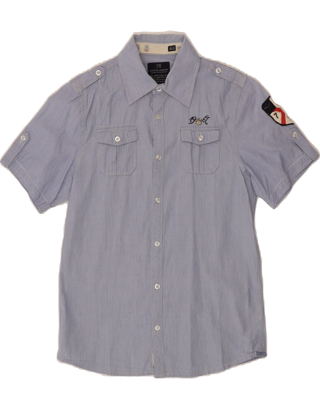 SCOTCH SHRUNK Boys Graphic Short Sleeve Shirt 13-14 Years Blue Cotton Vintage Scotch Shrunk and Second-Hand Scotch Shrunk from Messina Hembry 