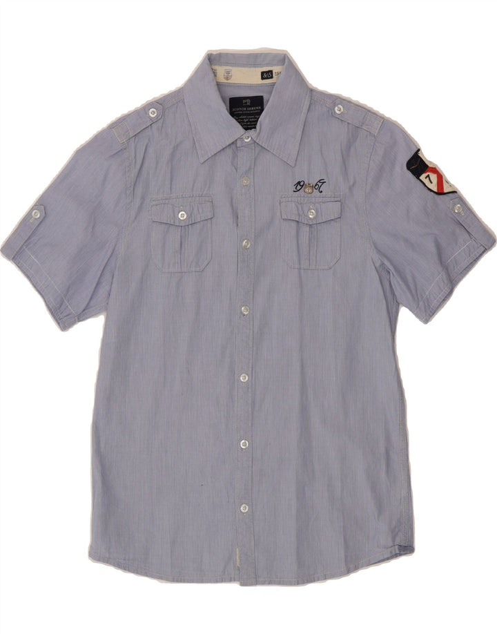 SCOTCH SHRUNK Boys Graphic Short Sleeve Shirt 13-14 Years Blue Cotton Vintage Scotch Shrunk and Second-Hand Scotch Shrunk from Messina Hembry 