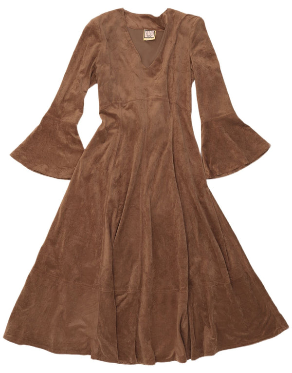 Vintage Womens Maxi Long Sleeve A-Line Dress UK 12 Medium Brown Polyester