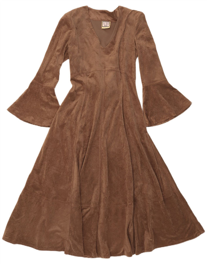 Vintage Womens Maxi Long Sleeve A-Line Dress UK 12 Medium Brown Polyester