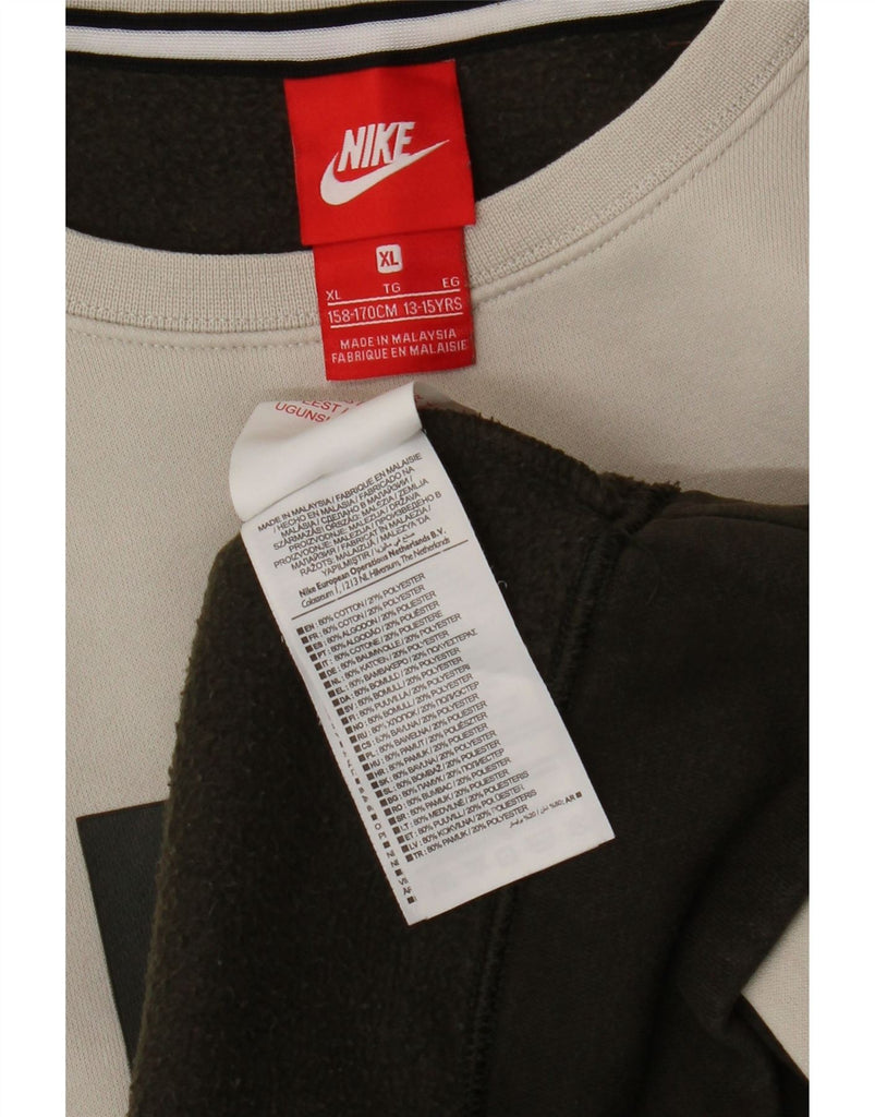 NIKE Boys Graphic Sweatshirt Jumper 13-14 Years XL Khaki Colourblock Vintage Nike and Second-Hand Nike from Messina Hembry 