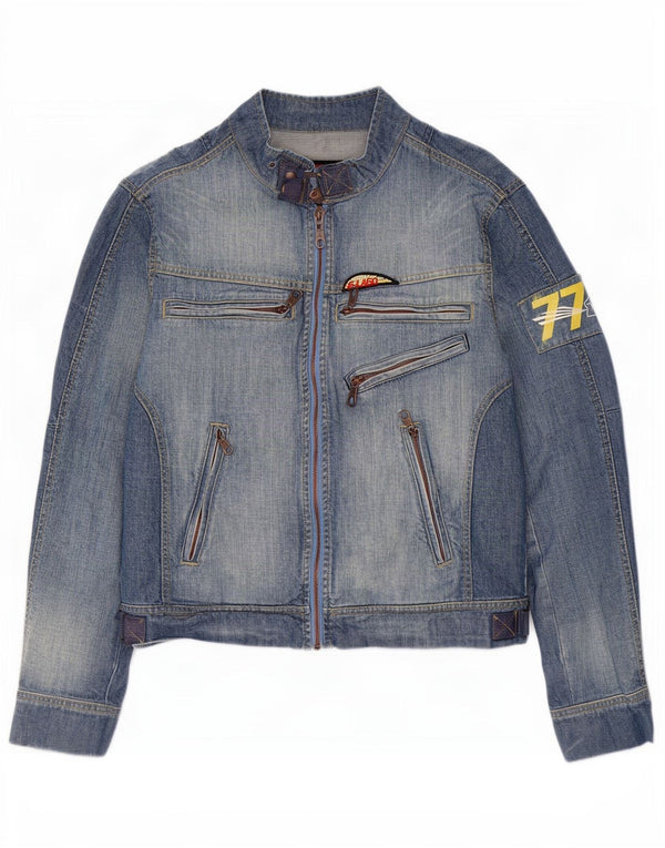Vintage Mens Graphic Denim Jacket UK 38 Medium Blue Cotton