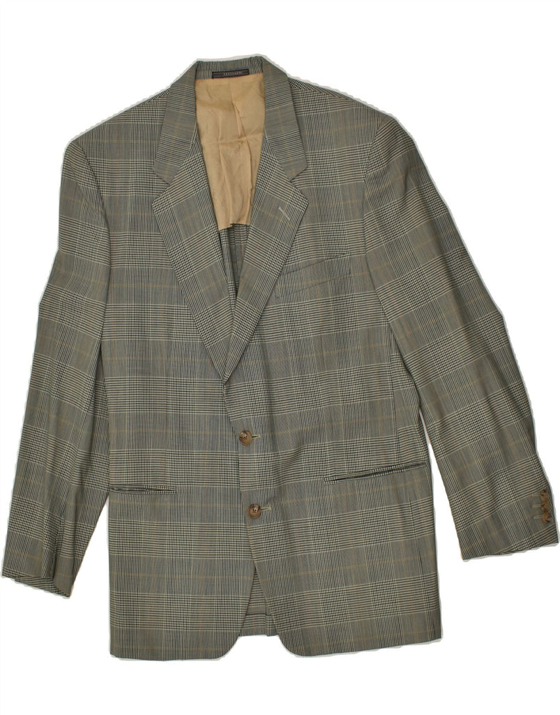 TRUSSARDI Mens 2 Button Blazer Jacket IT 50 Large Grey Check Virgin Wool | Vintage Trussardi | Thrift | Second-Hand Trussardi | Used Clothing | Messina Hembry 