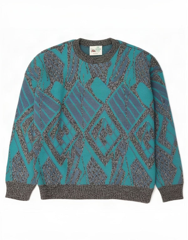 Vintage Mens Crew Neck Jumper Sweater Large Blue Geometric Acrylic