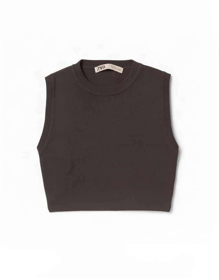 Zara Womens Crop Vest Top UK 12 Medium Grey Viscose