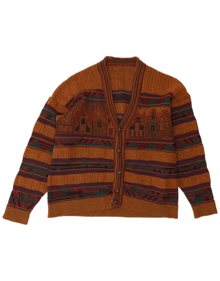 Vintage Mens Cardigan Sweater Medium Brown Geometric