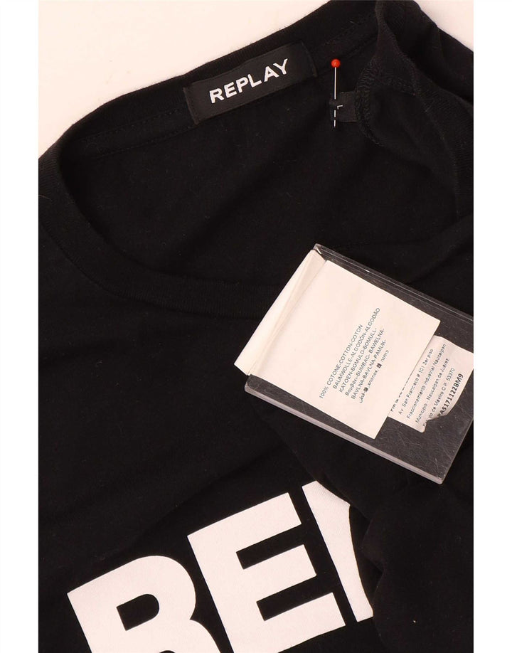 Replay Mens Graphic T-Shirt Long Sleeve Large Black Cotton