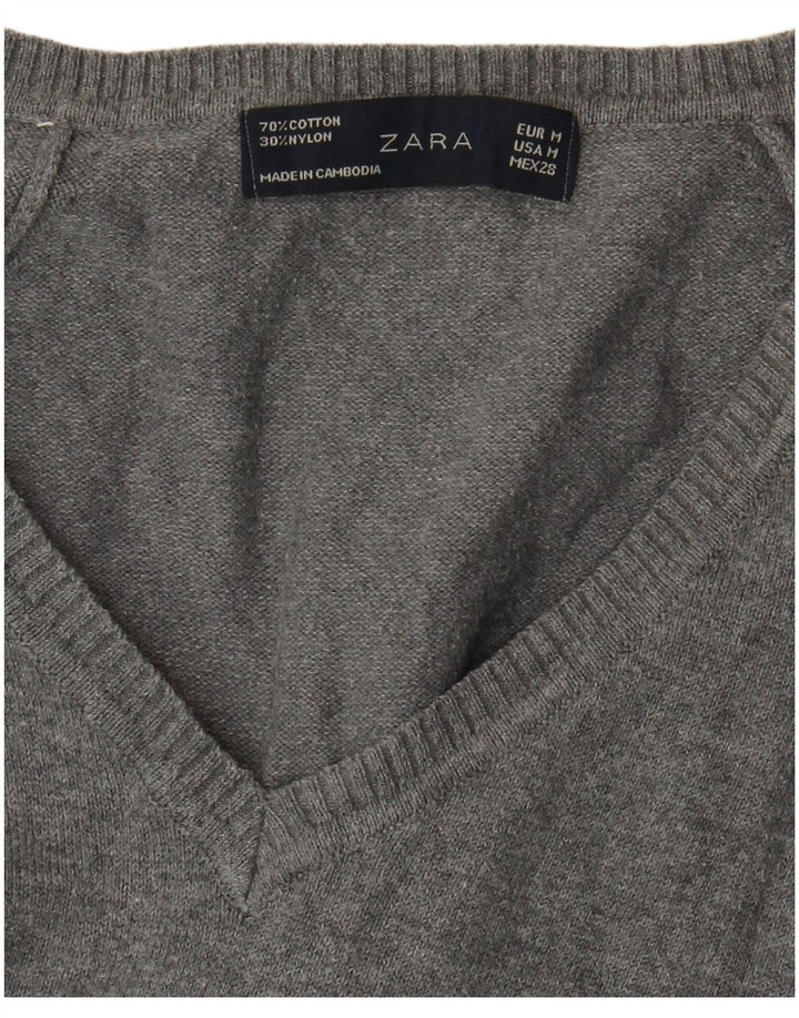 Zara Womens V-Neck Jumper Sweater UK 12 Medium Grey Cotton