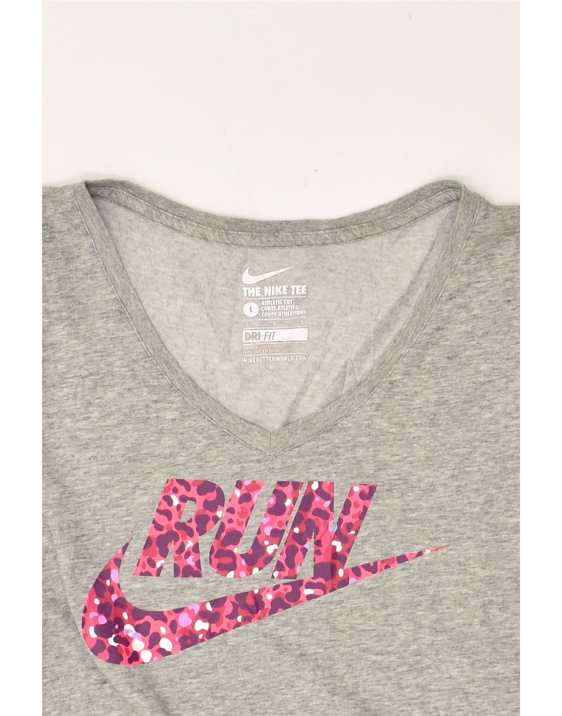 NIKE Womens Dri Fit Graphic T-Shirt Top UK 14 Large Grey | Vintage Nike | Thrift | Second-Hand Nike | Used Clothing | Messina Hembry 