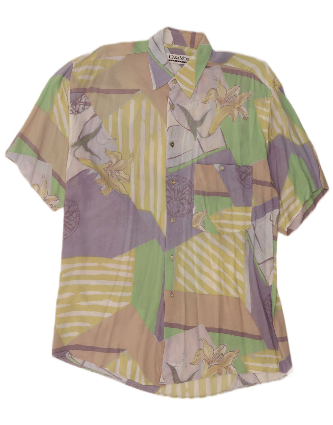CASA MODA Mens Short Sleeve Shirt Large Multicoloured Patchwork