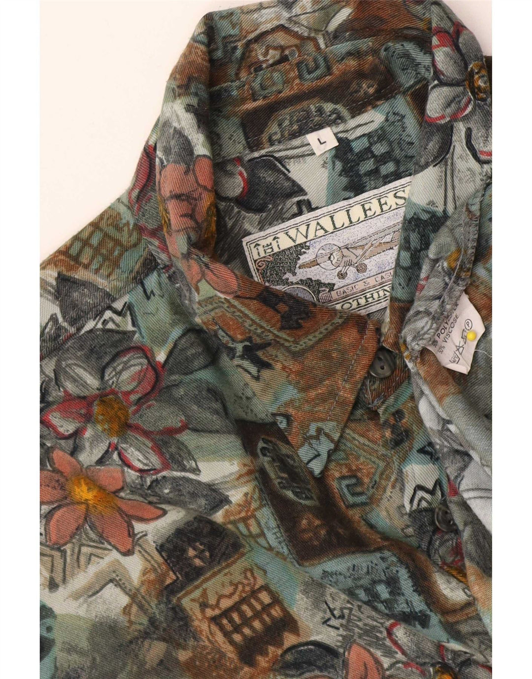 Wallees Mens Shirt Large Green Floral Polyester