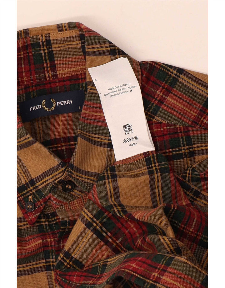 Fred Perry Mens Shirt Small Brown Check Cotton
