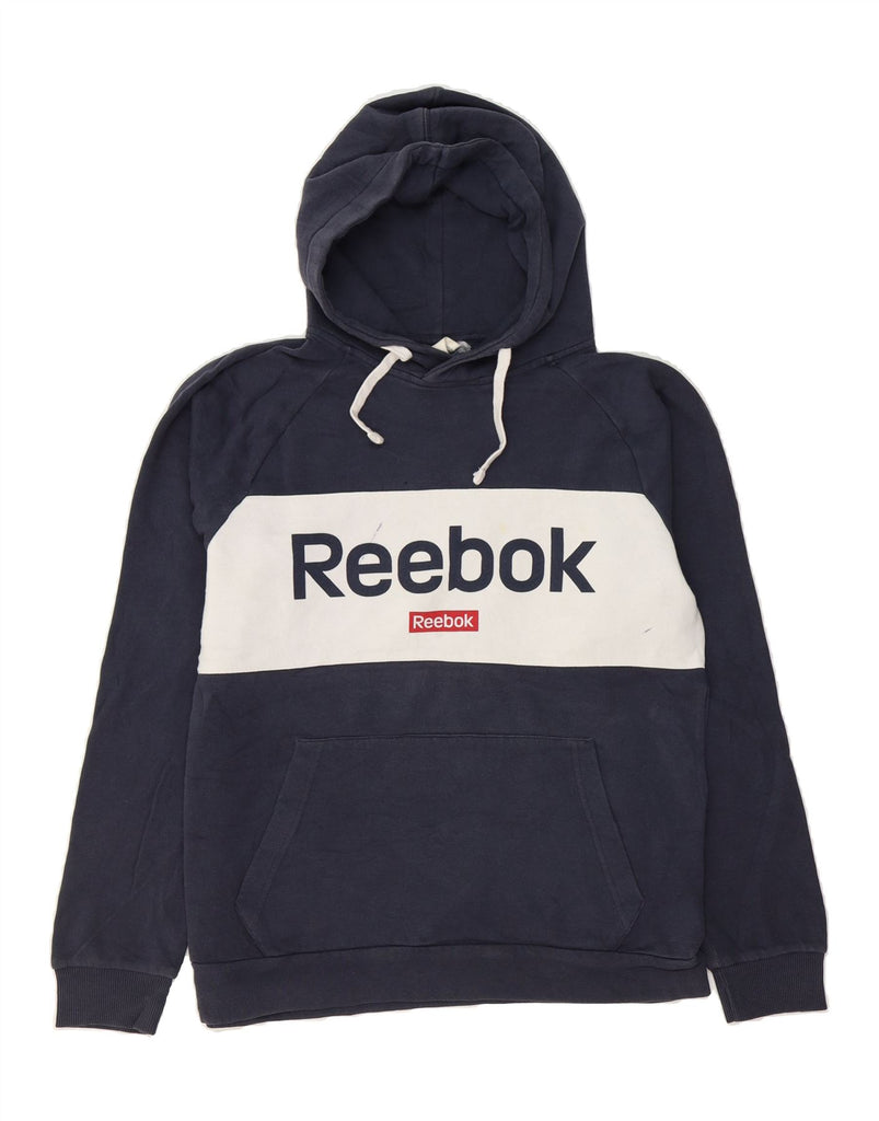 REEBOK Mens Graphic Hoodie Jumper Medium Navy Blue Colourblock Cotton Vintage Reebok and Second-Hand Reebok from Messina Hembry 