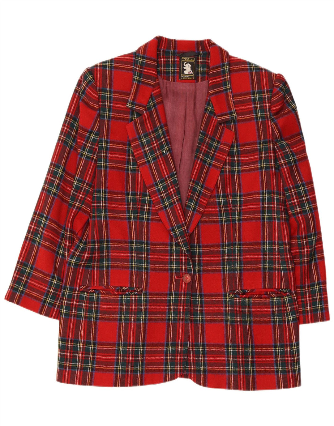 Vintage Womens 3/4 Sleeve 1 Button Blazer Jacket UK 14 Medium Red Plaid