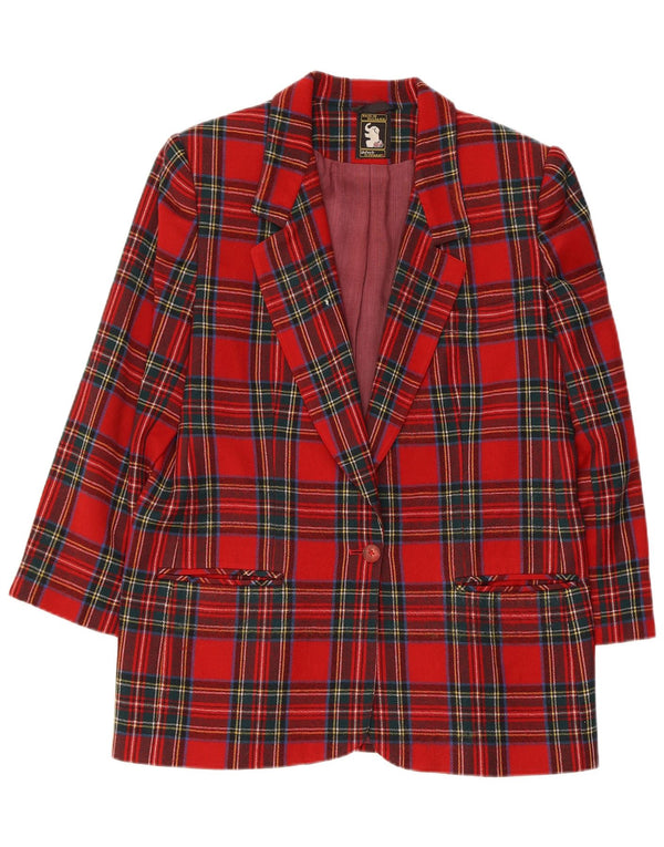 Vintage Womens 3/4 Sleeve 1 Button Blazer Jacket UK 14 Medium Red Plaid