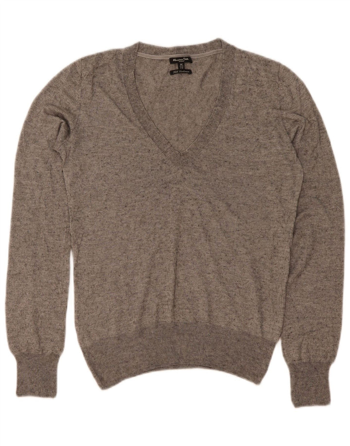 Massimo Dutti Womens V-Neck Jumper Sweater UK 12 Medium Grey Silk