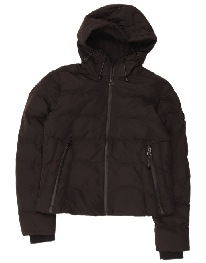 SUPERDRY Womens Crop Hooded Padded Jacket UK 12 Medium  Black Polyester