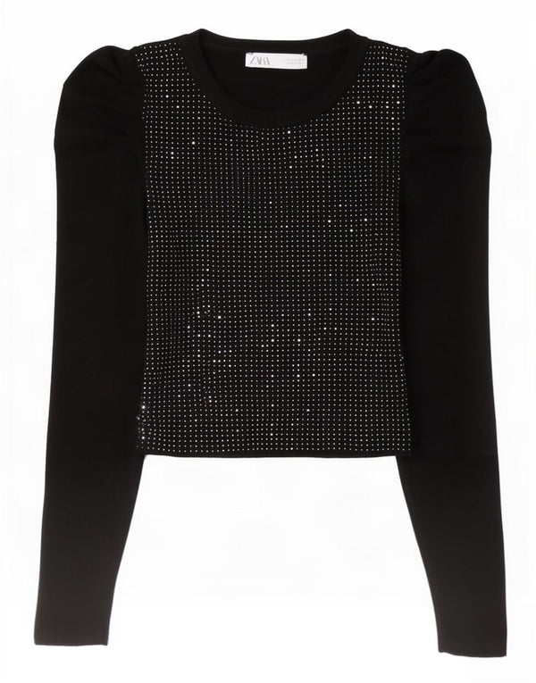 Zara Womens Crop Long Sleeve Blouse Top UK 10 Small Black Flecked Polyamide