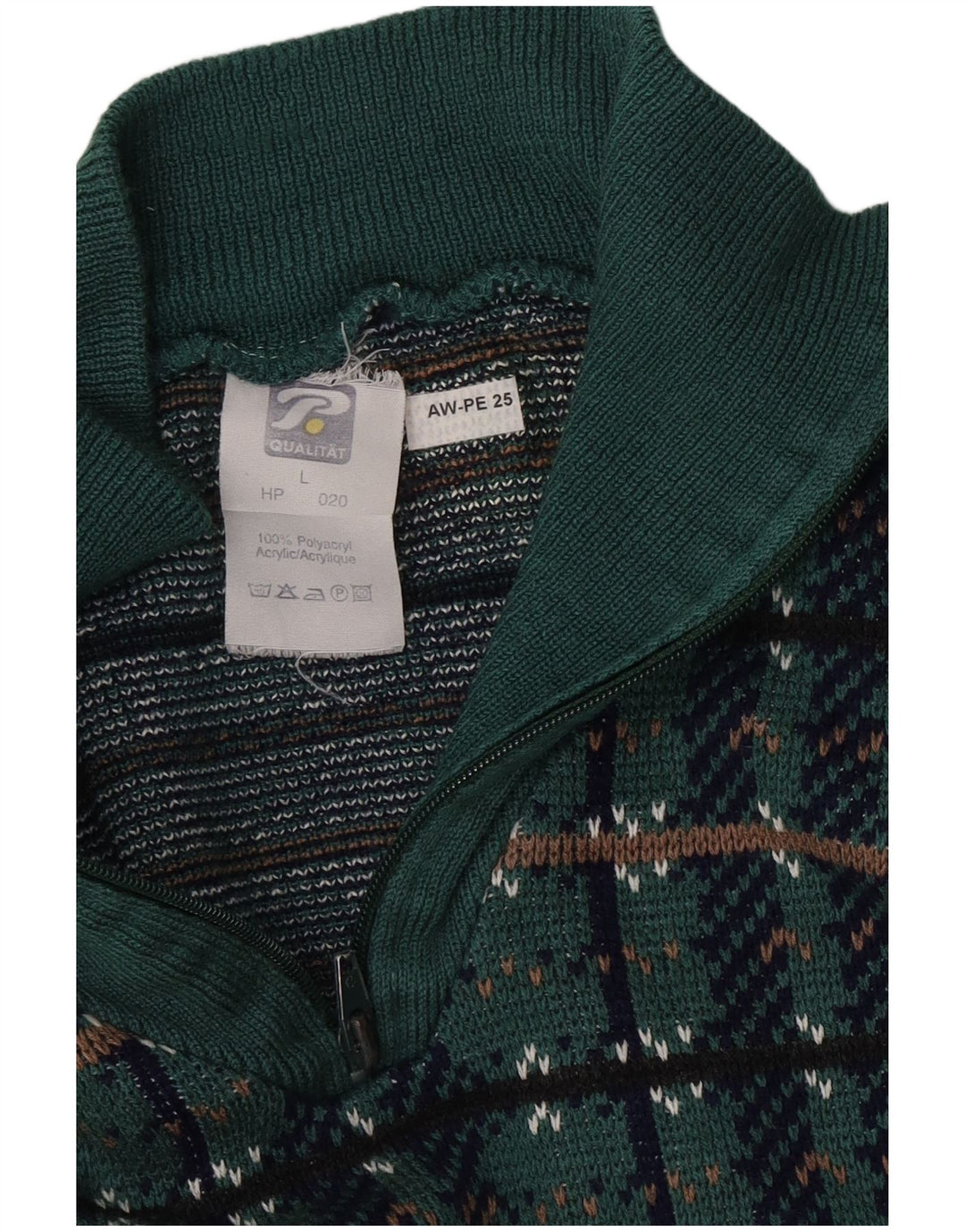 Vintage Mens Zip Neck Jumper Sweater Large Green Geometric Polyacrylic