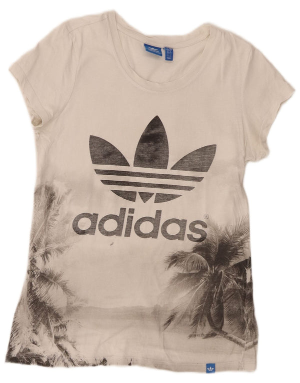 Adidas Womens Graphic T-Shirt Top UK 14 Medium White Floral Cotton