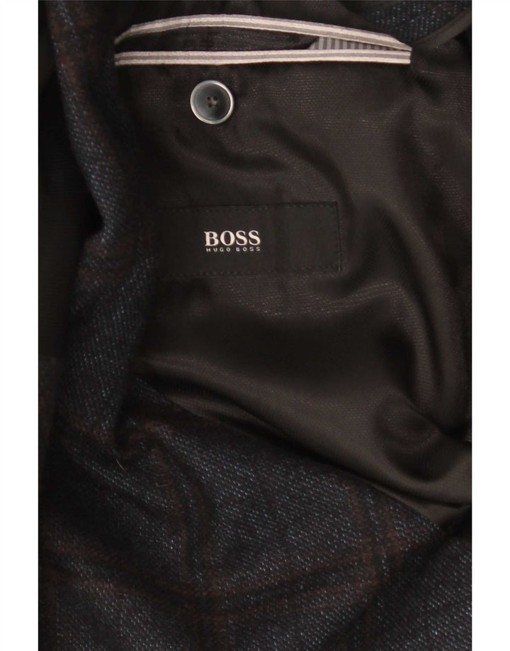 Hugo Boss Mens 2 Button Blazer Jacket EU 56 3XL Navy Blue Check Wool