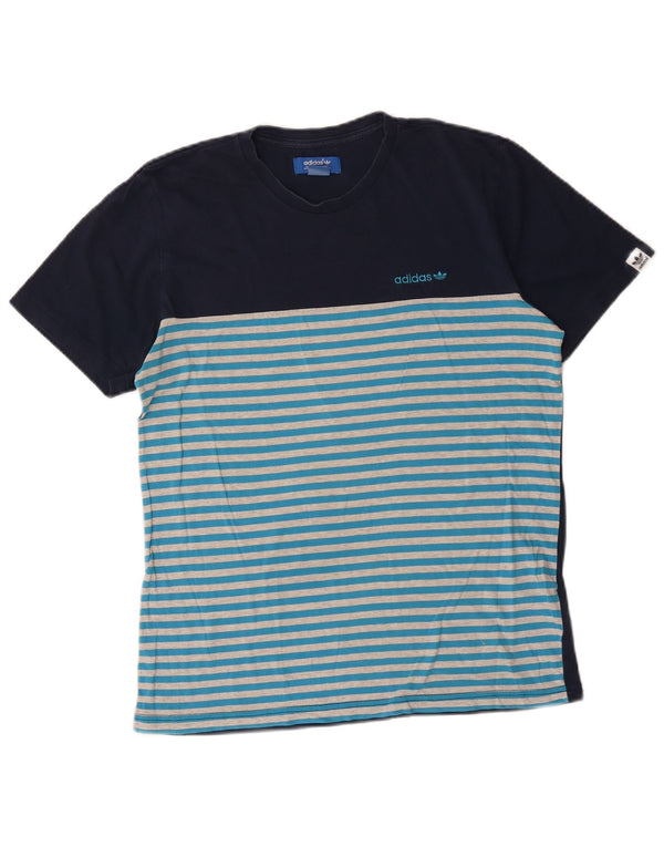 Adidas Mens T-Shirt Top Medium Navy Blue Striped Cotton