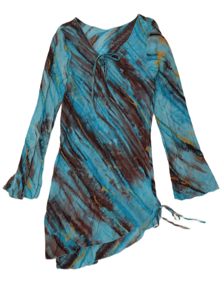 DAKS Womens Long Sleeve Asymmetrical Dress UK 12 Medium Blue Tie Dye Rayon