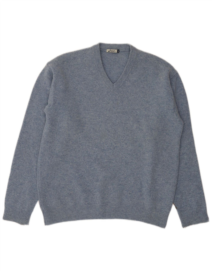 Asics Mens V-Neck Jumper Sweater Large Blue Lambswool