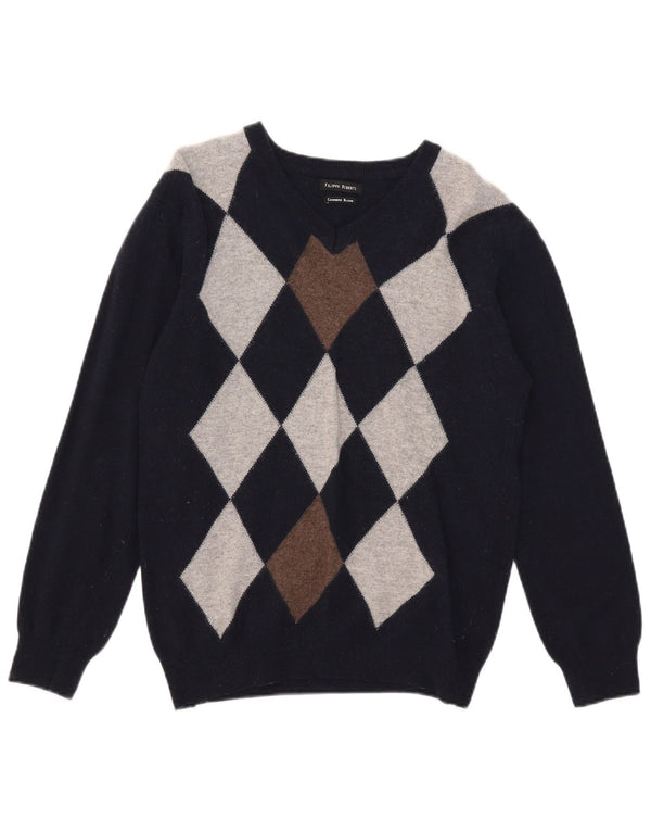 Filippo Riberti Mens V-Neck Jumper Sweater Small Navy Blue Argyle/Diamond