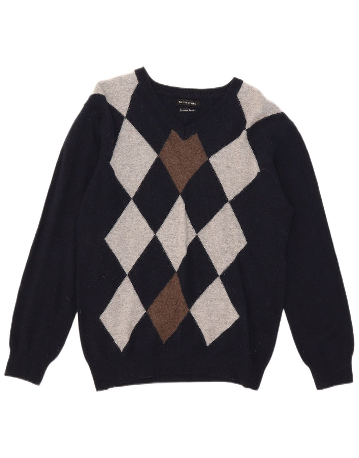 Filippo Riberti Mens V-Neck Jumper Sweater Small Navy Blue Argyle/Diamond