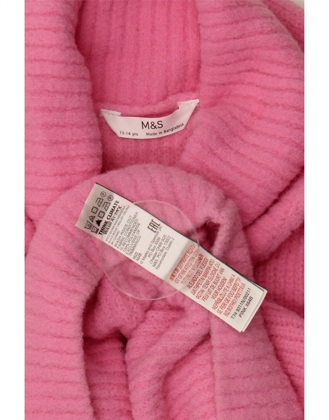 Marks & Spencer Girls Roll Neck Jumper Sweater 13-14 Years Pink Polyamide