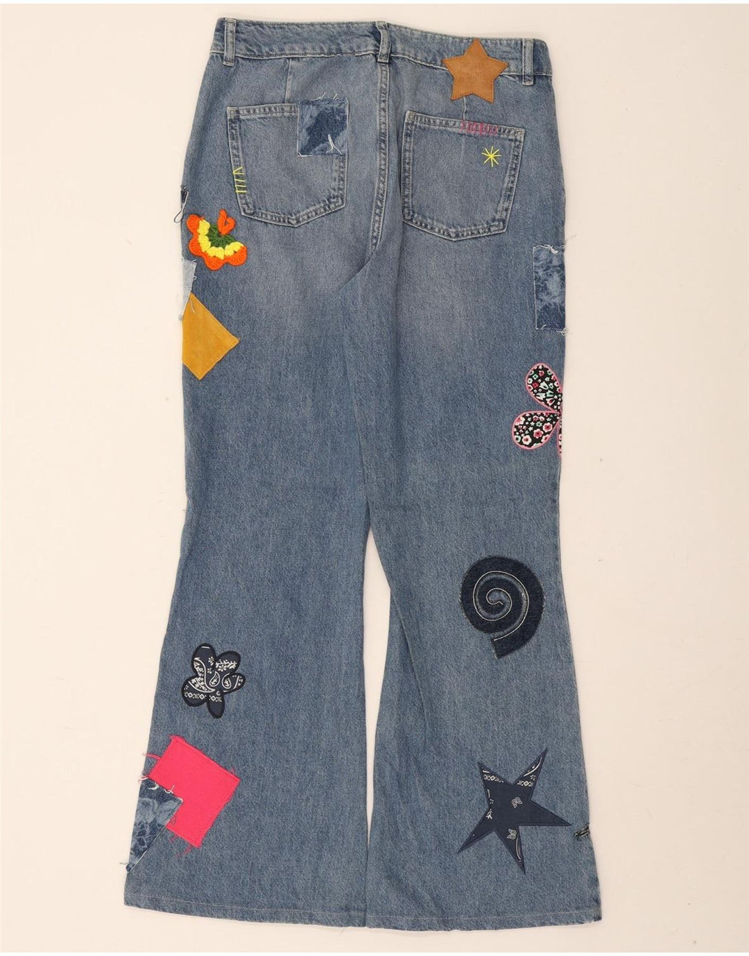 Desigual Womens Flared Jeans Large W32 L30 Blue Patchwork Cotton