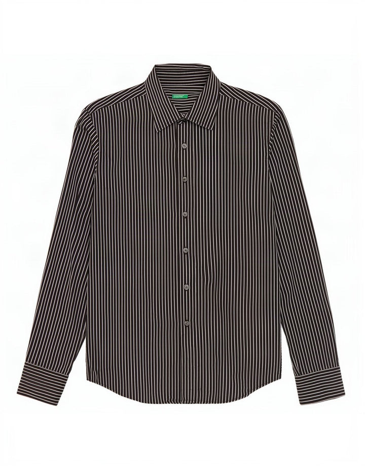 Benetton Womens Shirt UK 12 Medium Black Pinstripe Cotton