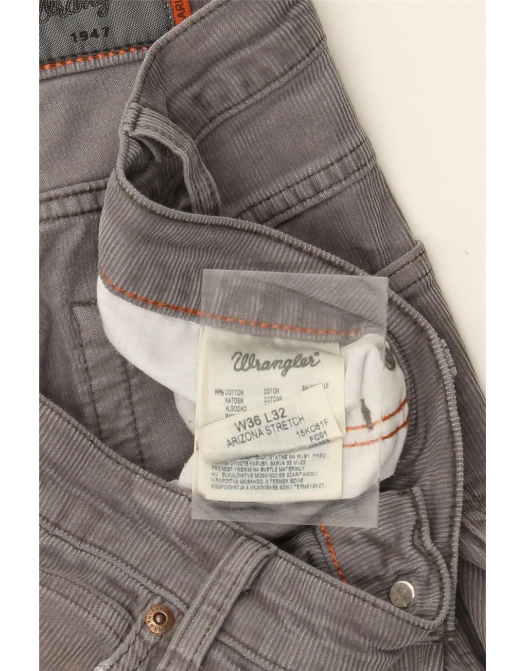 WRANGLER Mens Arizona Stretch Straight Corduroy Trousers W36 L32 Grey