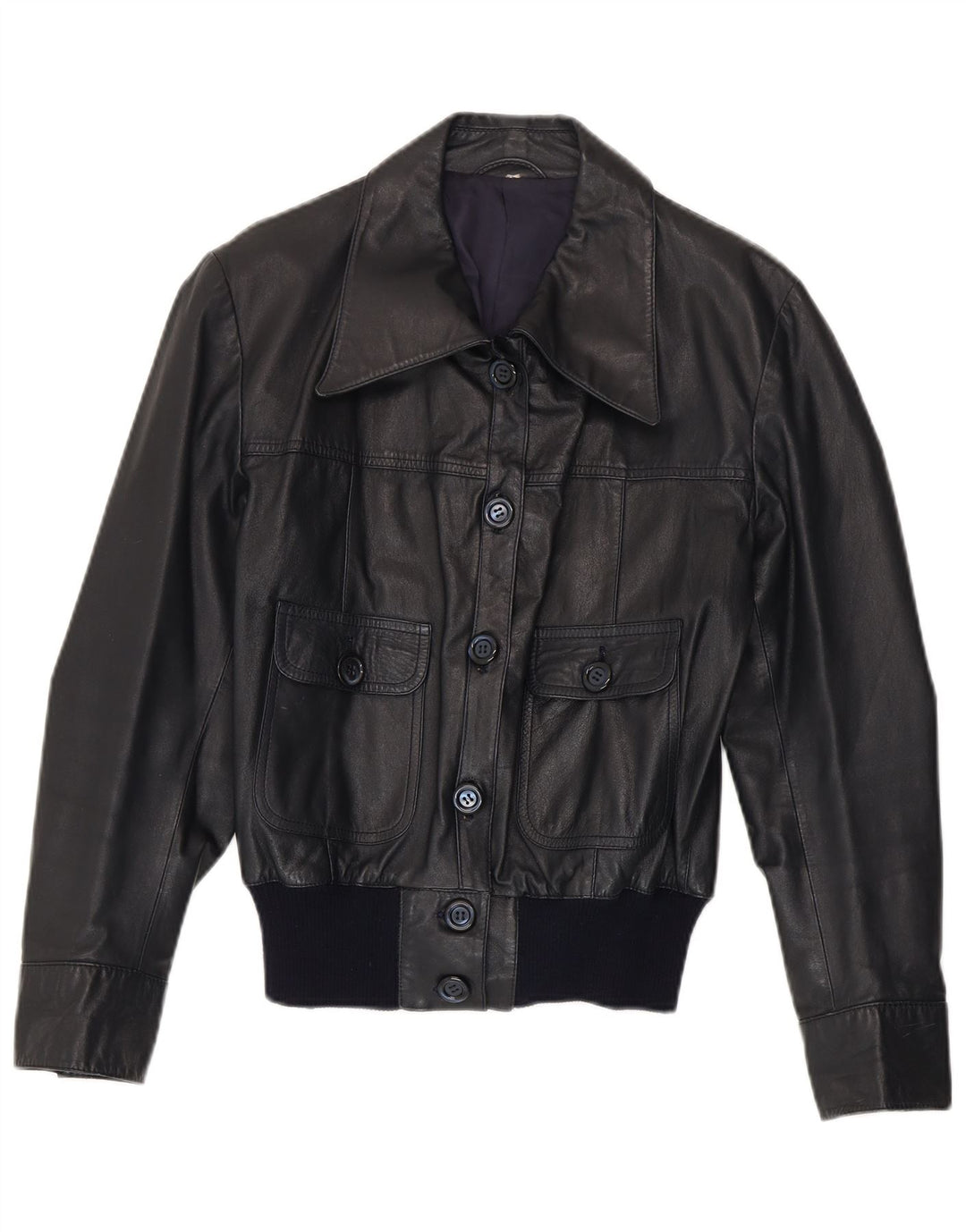 Vintage Womens Bomber Leather Jacket UK 14 Medium Navy Blue Leather