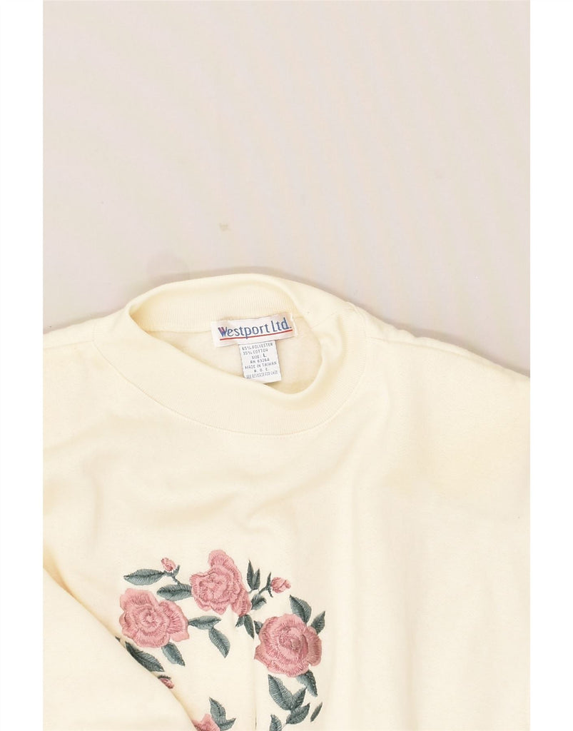 VINTAGE Womens Graphic Sweatshirt Jumper UK 16 Large Off White Floral | Vintage Vintage | Thrift | Second-Hand Vintage | Used Clothing | Messina Hembry 