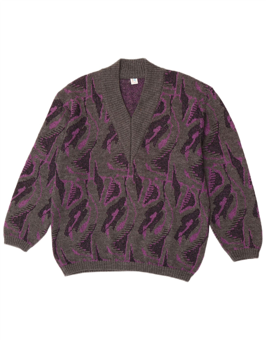 Rasica Womens Abstract Pattern V-Neck Jumper Sweater UK 16 Large Grey