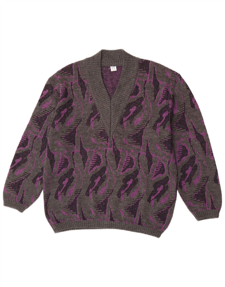 Rasica Womens Abstract Pattern V-Neck Jumper Sweater UK 16 Large Grey